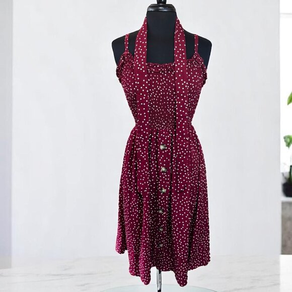 Women Floral Burgundy Ruffled Neckline Sundress - Picture 2 of 9